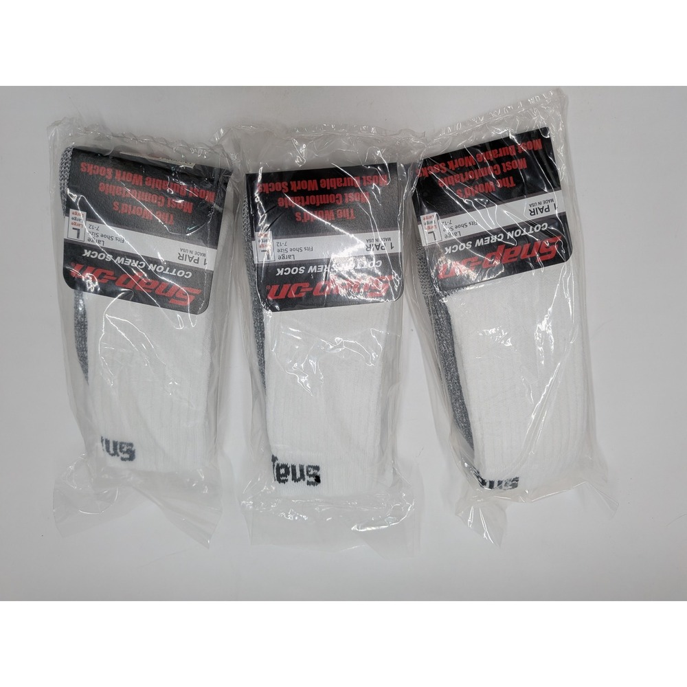Snap-on 3 Pack Men White Cotton Crew Socks Large Shoe Size 7-12 Made in USA